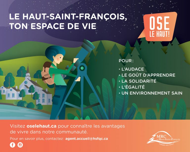 Le Haut-Saint-François, un espace de vie avec les valeurs d'énumérées, Apollo qui regarde dans un télescope et les coordonnées.